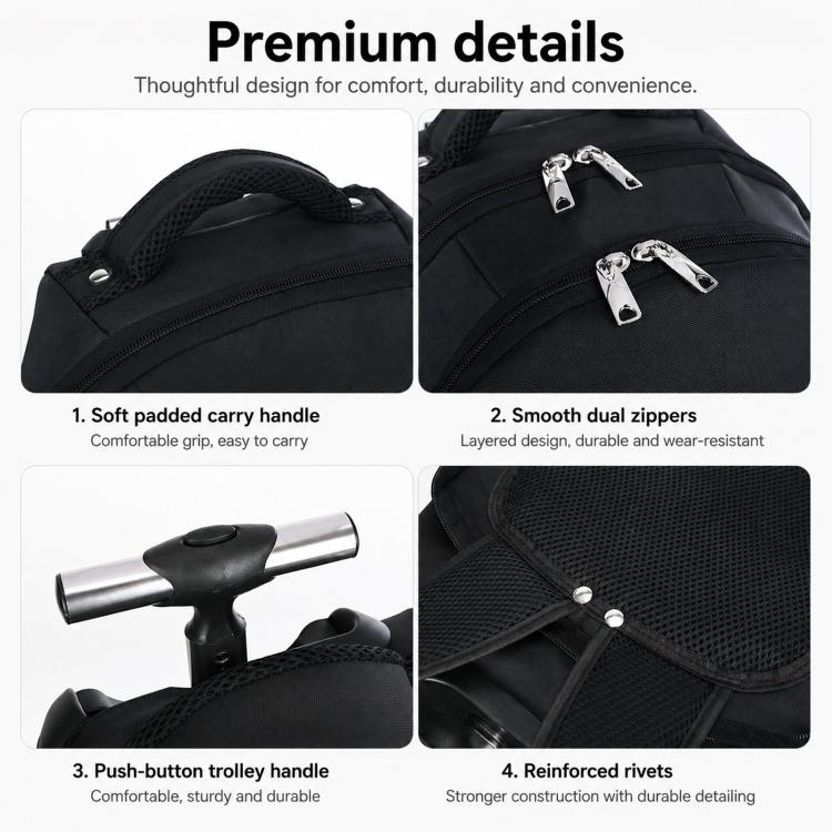 20 Inch Rolling Backpack for Travel Wheeled Laptop Backpack with Hidden Straps Carry On Trolley Bag for Business School(Black) - Image 7
