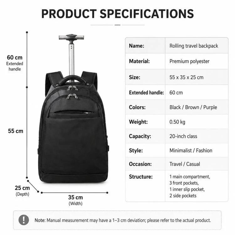 20 Inch Rolling Backpack for Travel Wheeled Laptop Backpack with Hidden Straps Carry On Trolley Bag for Business School(Brown) - Image 8