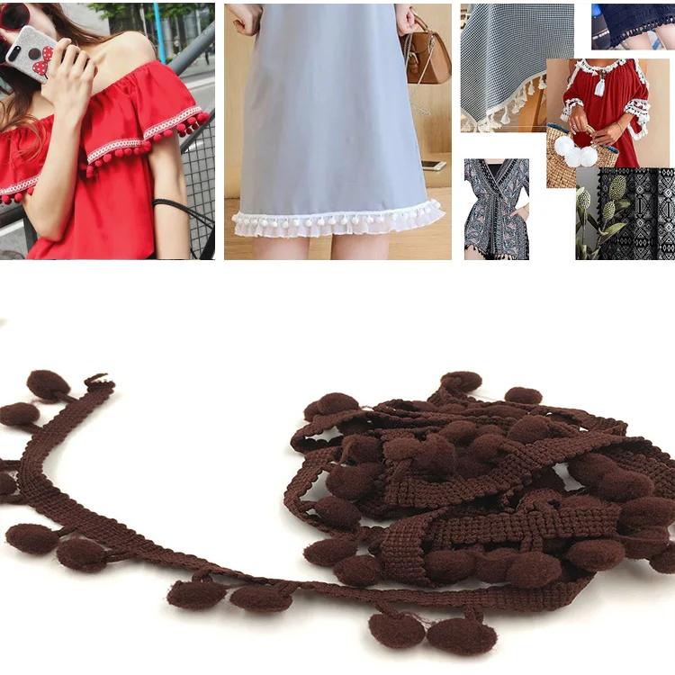 20 Yards Pompom Lace Ribbon Fur Ball Trim For Craft DIY Curtain Home Decorative Clothes Sewing Accessories(Coffee)