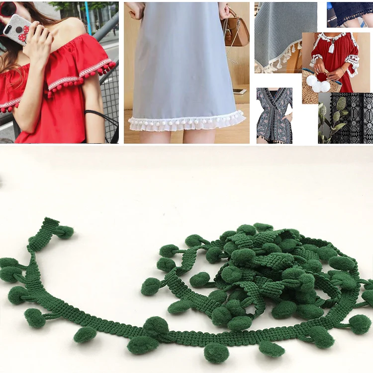 20 Yards Pompom Lace Ribbon Fur Ball Trim For Craft DIY Curtain Home Decorative Clothes Sewing Accessories(Dark Green)