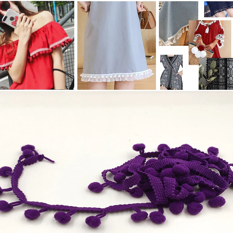 20 Yards Pompom Lace Ribbon Fur Ball Trim For Craft DIY Curtain Home Decorative Clothes Sewing Accessories(Dark Purple)