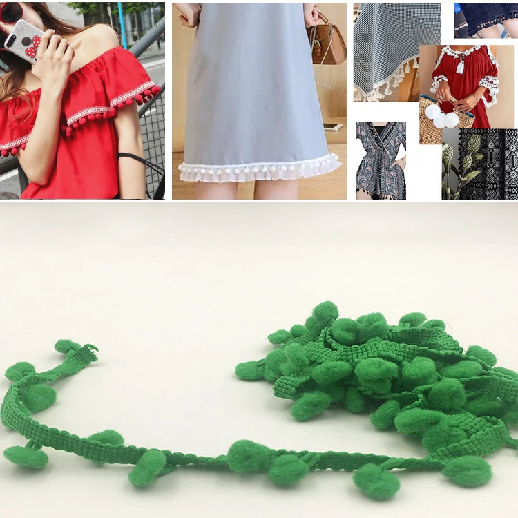 20 Yards Pompom Lace Ribbon Fur Ball Trim For Craft DIY Curtain Home Decorative Clothes Sewing Accessories(Grass Green)