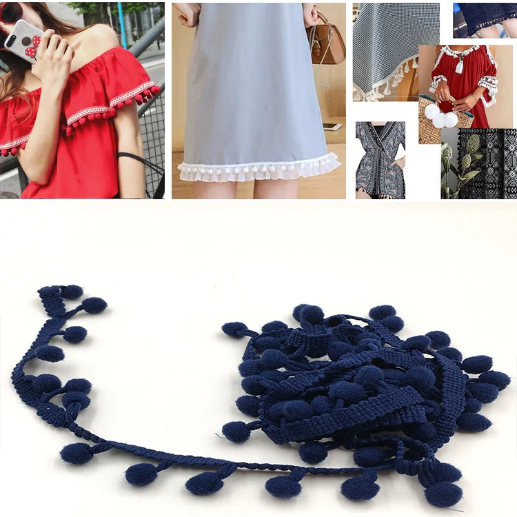 20 Yards Pompom Lace Ribbon Fur Ball Trim For Craft DIY Curtain Home Decorative Clothes Sewing Accessories(Navy)