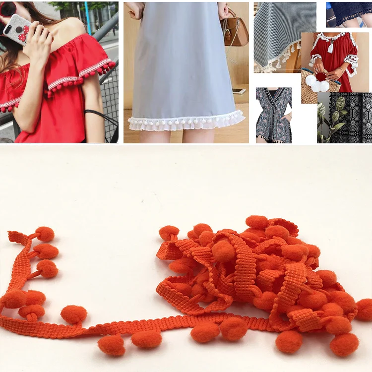 20 Yards Pompom Lace Ribbon Fur Ball Trim For Craft DIY Curtain Home Decorative Clothes Sewing Accessories(Orange Red)