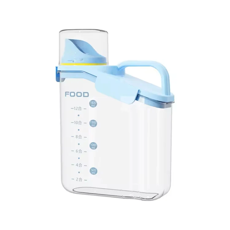2000ml Plastic Sealed Grains Container Dry Food Storage Bin with Measuring Cup Pouring Spout(Blue)