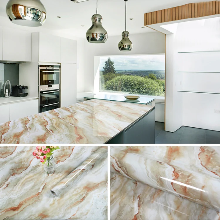 215421210W 5m Marble Pattern Bright Paint Furniture Renovation Self-Adhesive Wall Paper Cabinet Waterproof Film(Crack Yellow) - Image 4