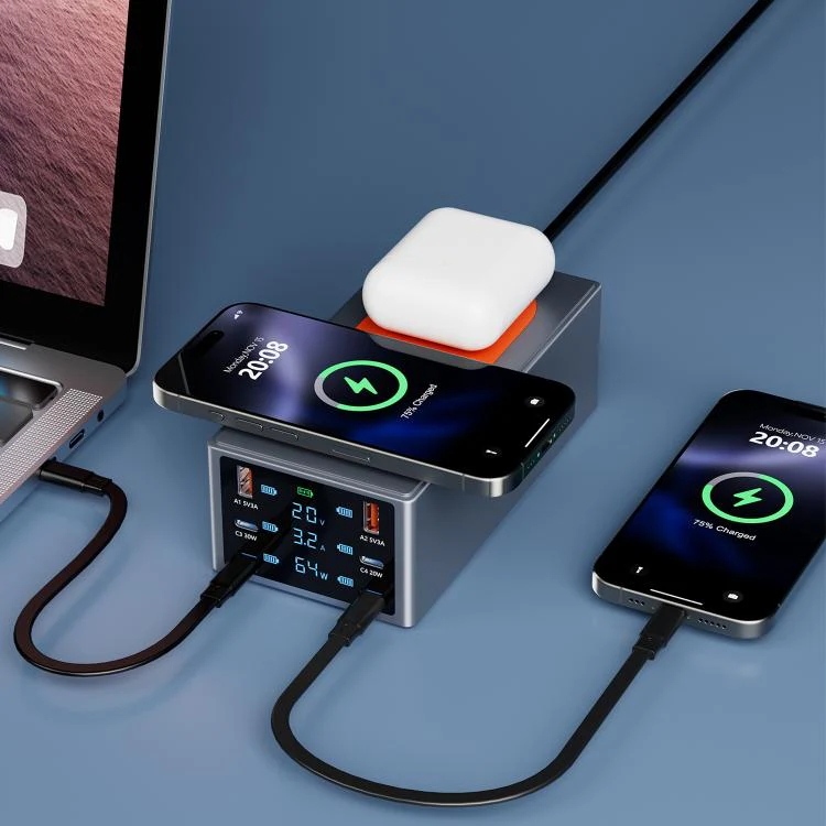 220W Multi-Port Smart Desktop Charging Station with 15W Dual Wireless Charging Function, Plug:AU Plug - Image 11
