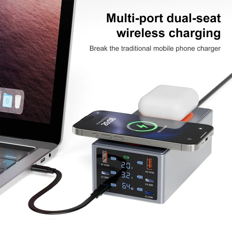 220W Multi-Port Smart Desktop Charging Station with 15W Dual Wireless Charging Function, Plug:AU Plug - Image 2