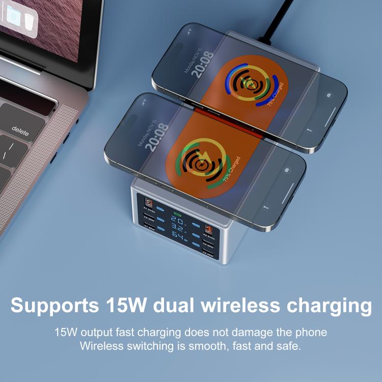 220W Multi-Port Smart Desktop Charging Station with 15W Dual Wireless Charging Function, Plug:AU Plug - Image 4