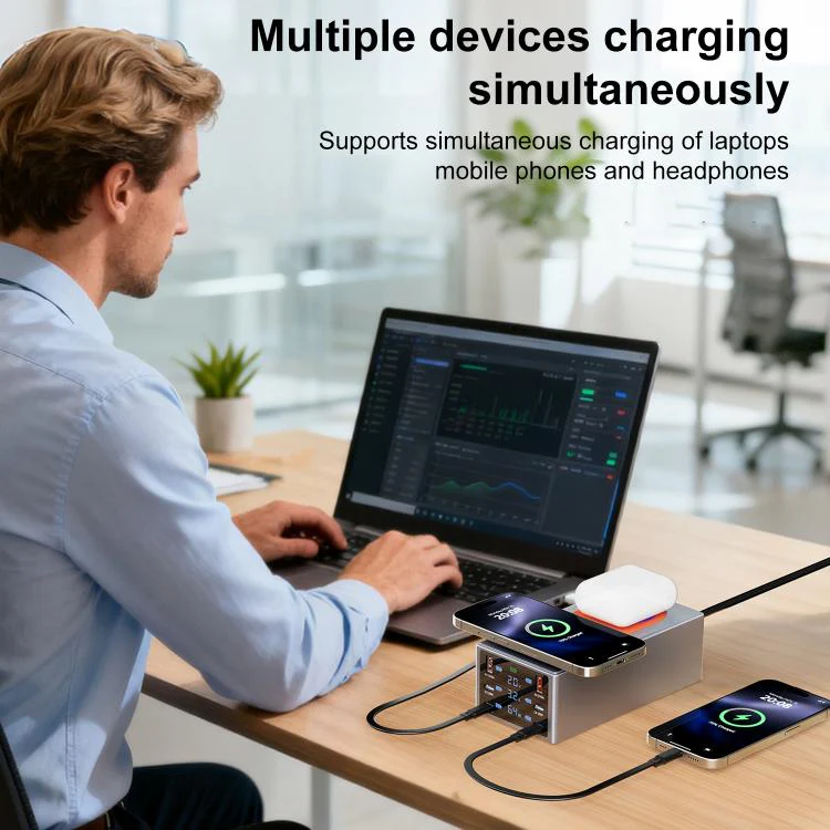 220W Multi-Port Smart Desktop Charging Station with 15W Dual Wireless Charging Function, Plug:US Plug - Image 3
