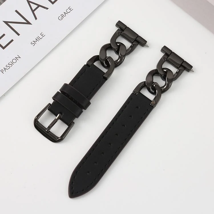 22mm xDfind Denim Chain Metal Hybrid Leather Watch Band(Black)