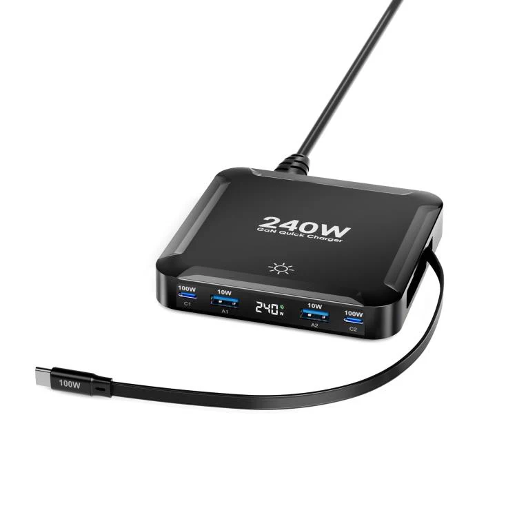 240W Smart Fast Charger With Magnetic USB Retractable Cable And Multi-Port Storage(US Plug)
