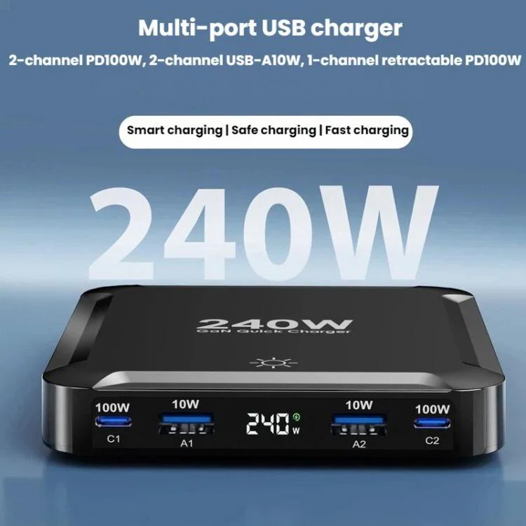 240W Smart Fast Charger With Magnetic USB Retractable Cable And Multi-Port Storage(US Plug) - Image 2