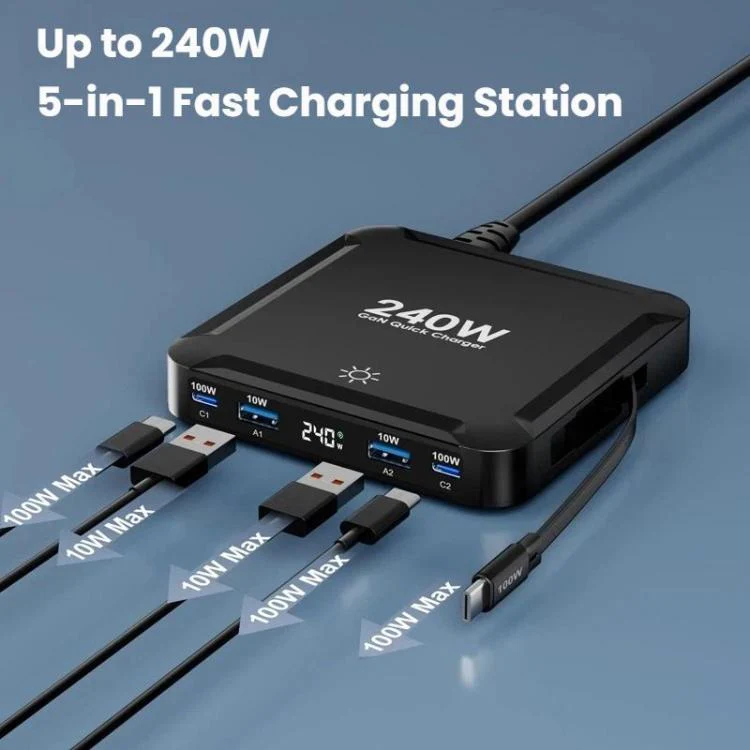 240W Smart Fast Charger With Magnetic USB Retractable Cable And Multi-Port Storage(US Plug) - Image 5