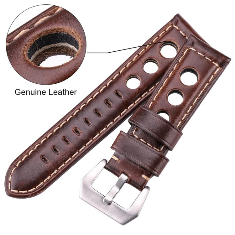 24mm xDfind Silver Buckle Three-hole Breathable Genuine Leather Watch Band(Dark Brown) - Image 4