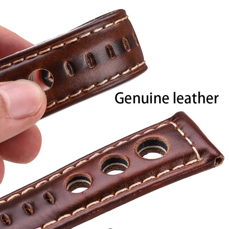 24mm xDfind Silver Buckle Three-hole Breathable Genuine Leather Watch Band(Dark Brown) - Image 5