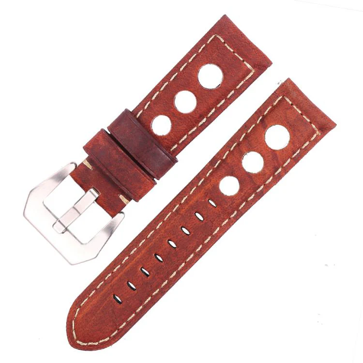 24mm xDfind Silver Buckle Three-hole Breathable Genuine Leather Watch Band(Red)