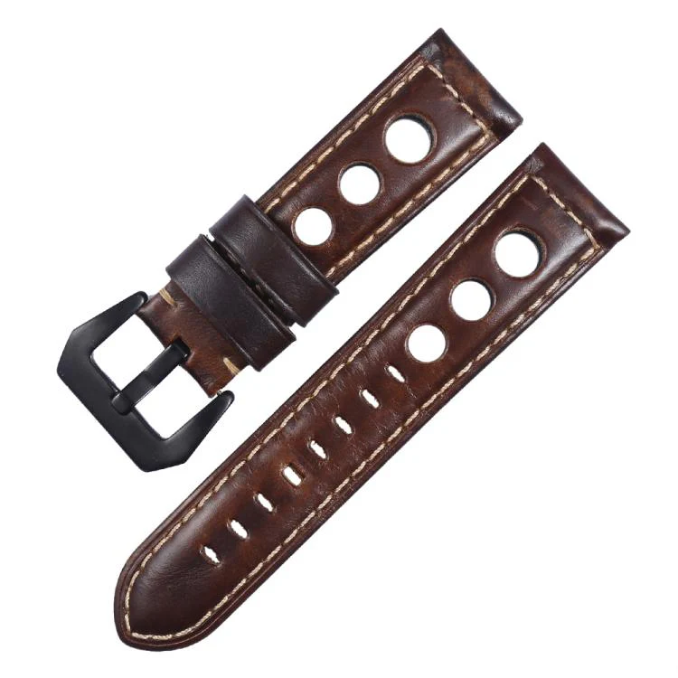 24mm xDfind Three-hole Breathable Genuine Leather Watch Band(Dark Brown)