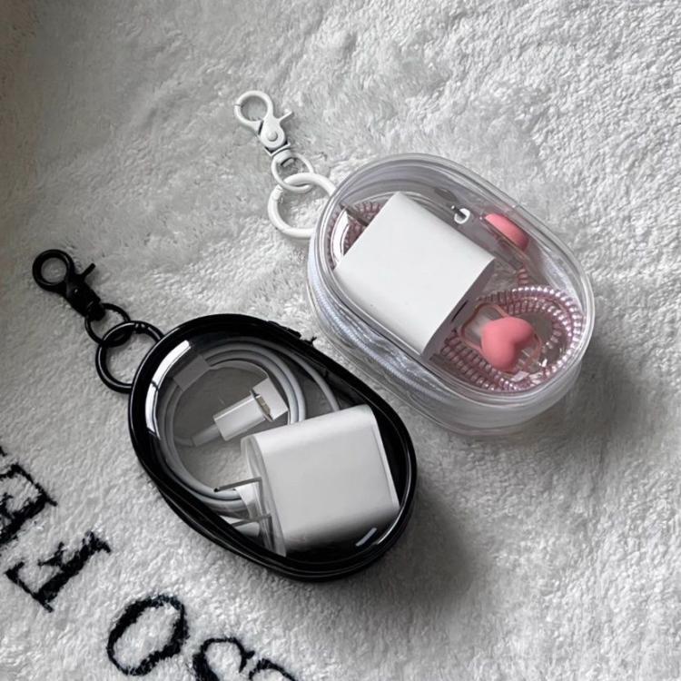 2pcs Data Cable Charger Transparent Storage Pouch Portable Earphone Storage Case With Keychain(White+Black)