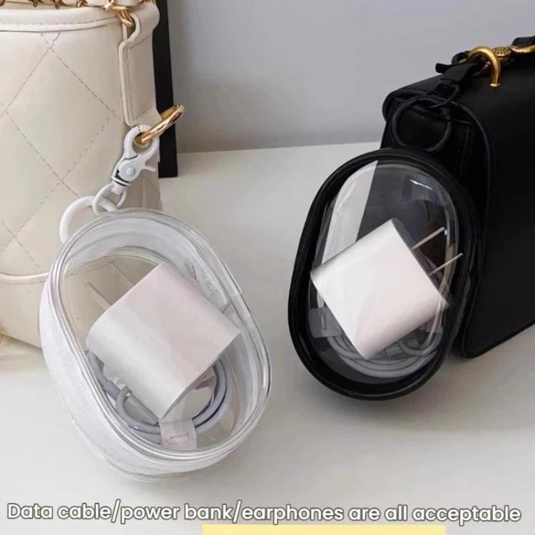 2pcs Data Cable Charger Transparent Storage Pouch Portable Earphone Storage Case With Keychain(White+Black) - Image 2