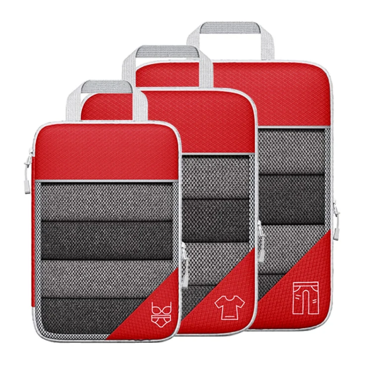 3 In 1 Compression Mesh Travel Cubes Clothes Underwear Packing Bags(Red)