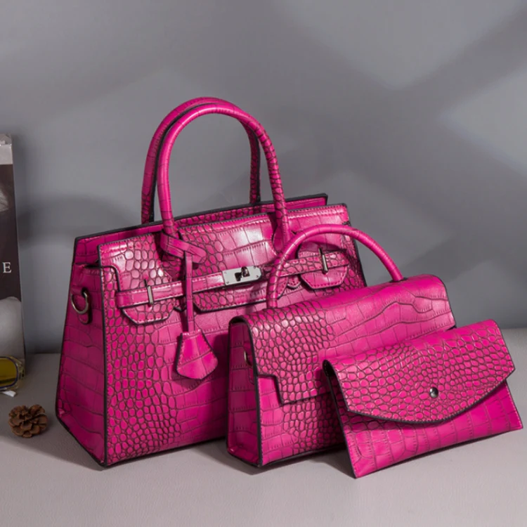 3 In 1 Crocodile Print Diagonal Cross-Body Bag Large Capacity Tote Bag(Rose Red) - Image 2