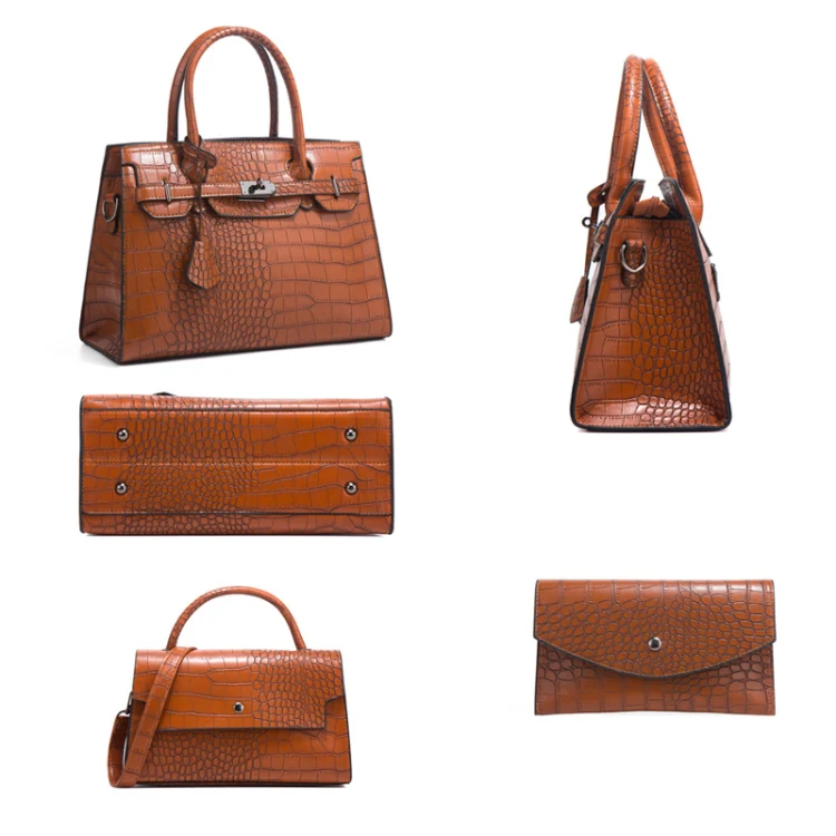3 In 1 Crocodile Print Diagonal Cross-Body Bag Large Capacity Tote Bag(Rose Red) - Image 3