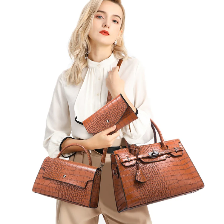 3 In 1 Crocodile Print Diagonal Cross-Body Bag Large Capacity Tote Bag(Rose Red) - Image 6