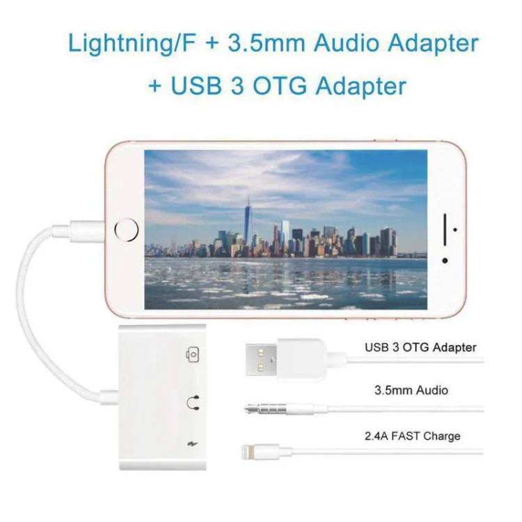 3 in 1 Multi-function 8 Pin + 3.5mm + USB 3.0 OTG to 8 Pin Male Fast Charging & Music Audio & Card Reading Adapter (White) - Image 6