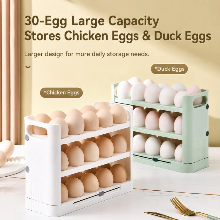 30 Eggs Holder for Refrigerator Door, 3-Tier Flip-Up Egg Storage Container with Sliding Date Tracker, Clear Space-Saving Egg Dispenser Rack(Green) - Image 2