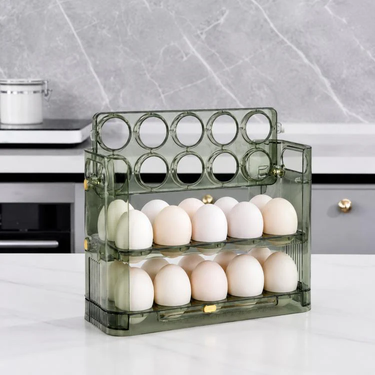 30 Eggs Holder for Refrigerator Door, 3-Tier Flip-Up Egg Storage Container with Sliding Date Tracker, Clear Space-Saving Egg Dispenser Rack(Transparent Green)