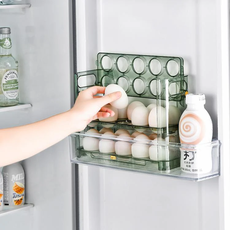 30 Eggs Holder for Refrigerator Door, 3-Tier Flip-Up Egg Storage Container with Sliding Date Tracker, Clear Space-Saving Egg Dispenser Rack(Transparent Green) - Image 3
