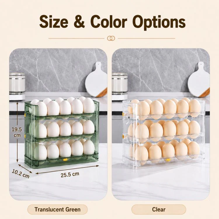 30 Eggs Holder for Refrigerator Door, 3-Tier Flip-Up Egg Storage Container with Sliding Date Tracker, Clear Space-Saving Egg Dispenser Rack(Transparent Green) - Image 6