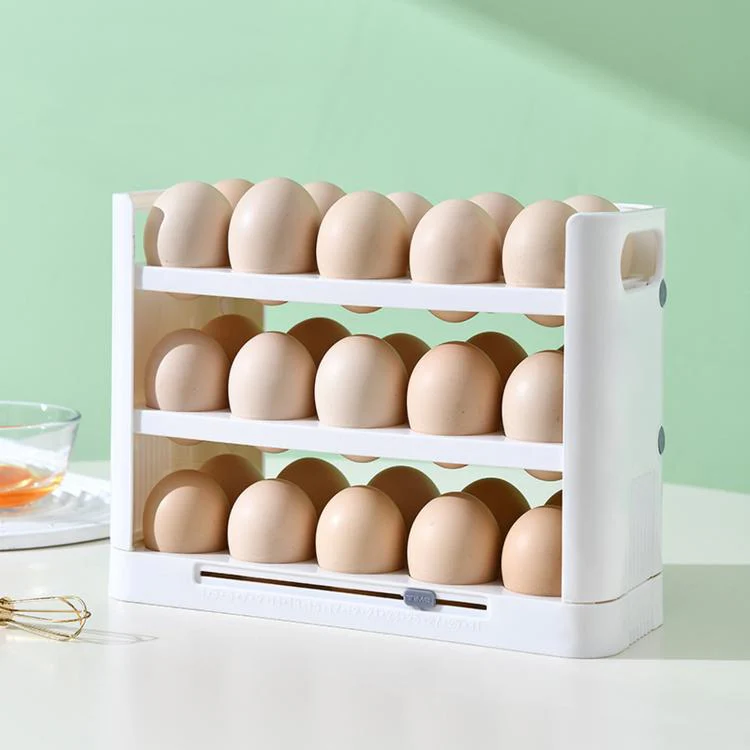 30 Eggs Holder for Refrigerator Door, 3-Tier Flip-Up Egg Storage Container with Sliding Date Tracker, Clear Space-Saving Egg Dispenser Rack(White)