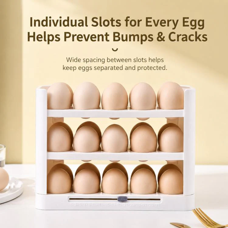 30 Eggs Holder for Refrigerator Door, 3-Tier Flip-Up Egg Storage Container with Sliding Date Tracker, Clear Space-Saving Egg Dispenser Rack(White) - Image 3