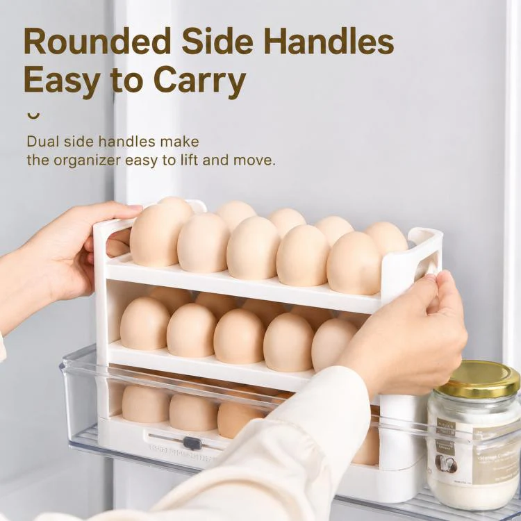 30 Eggs Holder for Refrigerator Door, 3-Tier Flip-Up Egg Storage Container with Sliding Date Tracker, Clear Space-Saving Egg Dispenser Rack(White) - Image 4