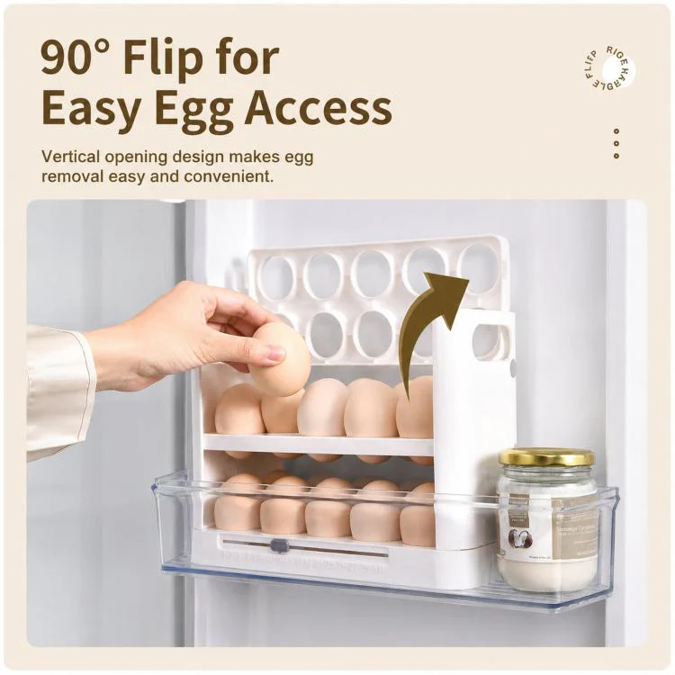 30 Eggs Holder for Refrigerator Door, 3-Tier Flip-Up Egg Storage Container with Sliding Date Tracker, Clear Space-Saving Egg Dispenser Rack(White) - Image 5
