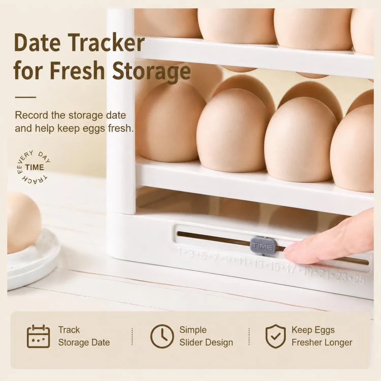 30 Eggs Holder for Refrigerator Door, 3-Tier Flip-Up Egg Storage Container with Sliding Date Tracker, Clear Space-Saving Egg Dispenser Rack(White) - Image 7