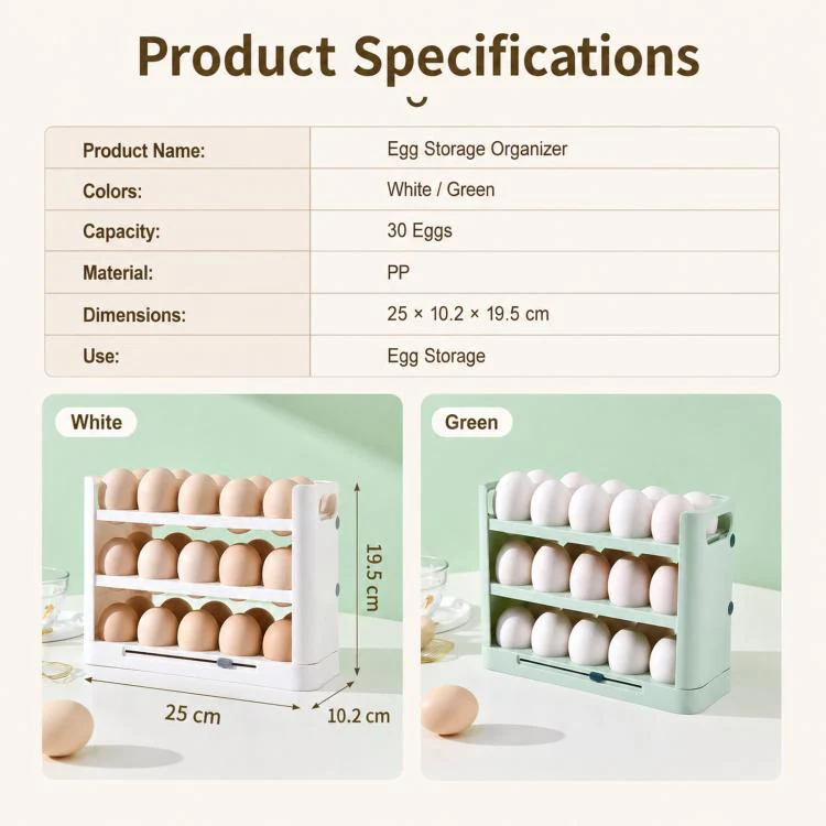 30 Eggs Holder for Refrigerator Door, 3-Tier Flip-Up Egg Storage Container with Sliding Date Tracker, Clear Space-Saving Egg Dispenser Rack(White) - Image 9