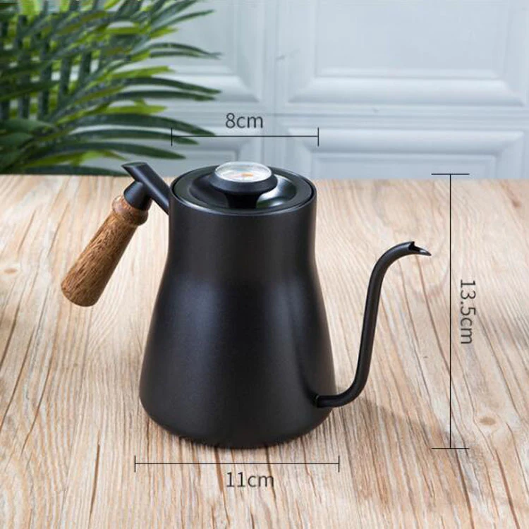 304 Stainless Steel Coffee Hand Pot Wooden Handle Coffee Pot Teflon Long-Mouth Slender Pot, Style: With Thermometer - Image 3