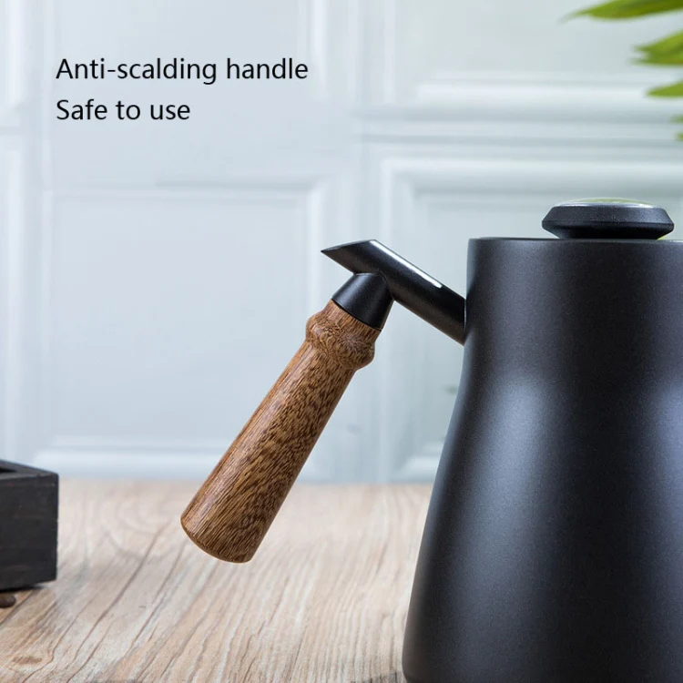 304 Stainless Steel Coffee Hand Pot Wooden Handle Coffee Pot Teflon Long-Mouth Slender Pot, Style: With Thermometer - Image 5