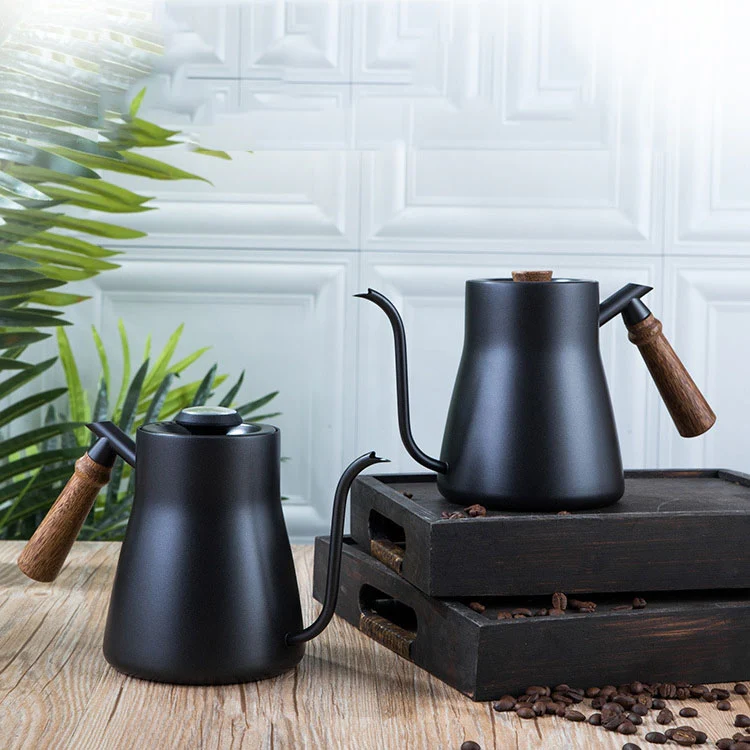 304 Stainless Steel Coffee Hand Pot Wooden Handle Coffee Pot Teflon Long-Mouth Slender Pot, Style: With Thermometer - Image 7