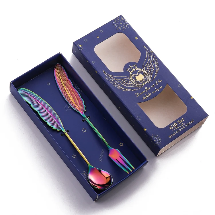 304 Stainless Steel Feather Spoon Fork Literary Tableware,Style: 2 In 1 Dazzle-Blue Box