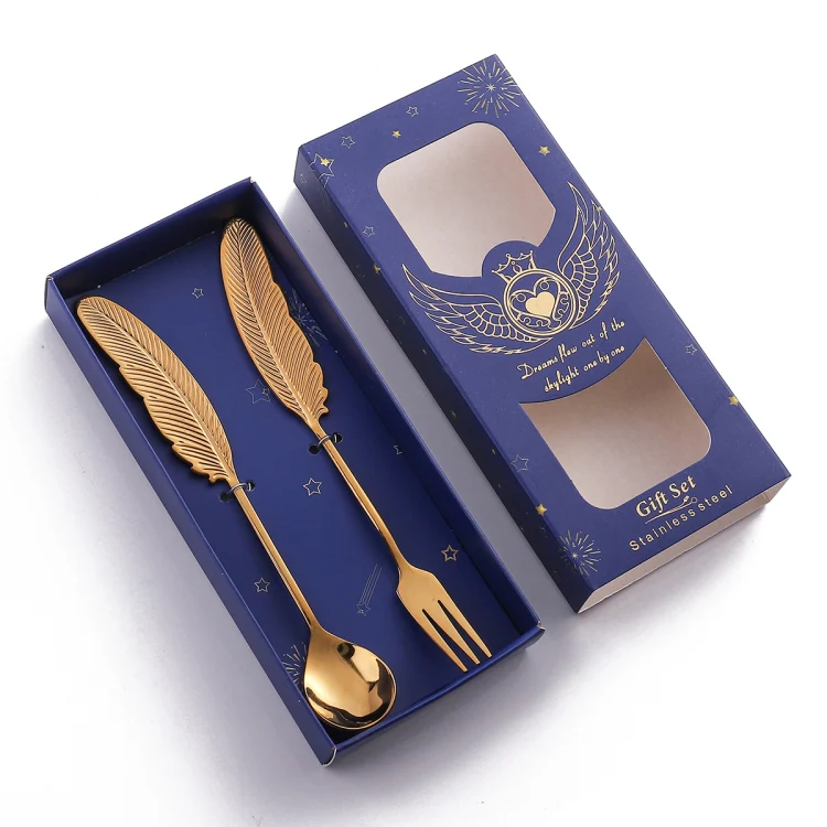 304 Stainless Steel Feather Spoon Fork Literary Tableware,Style: 2 In 1 Titanium-Blue Box