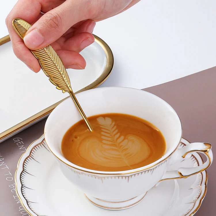 304 Stainless Steel Feather Spoon Fork Literary Tableware,Style: 3pcs Spoon-Dazzle - Image 6