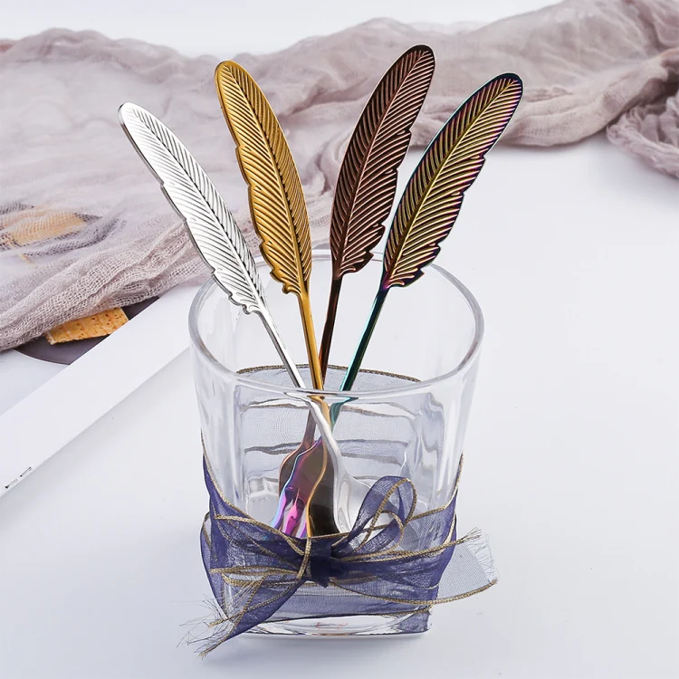 304 Stainless Steel Feather Spoon Fork Literary Tableware,Style: 4 In 1 Dazzle-Green Box - Image 5