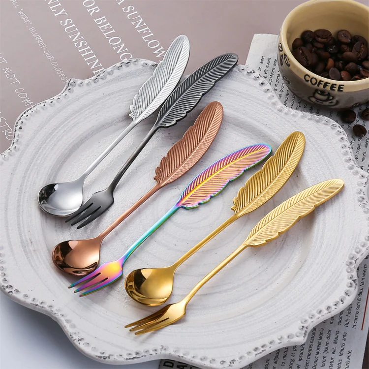 304 Stainless Steel Feather Spoon Fork Literary Tableware,Style: 4 In 1 Titanium-Green Box - Image 4