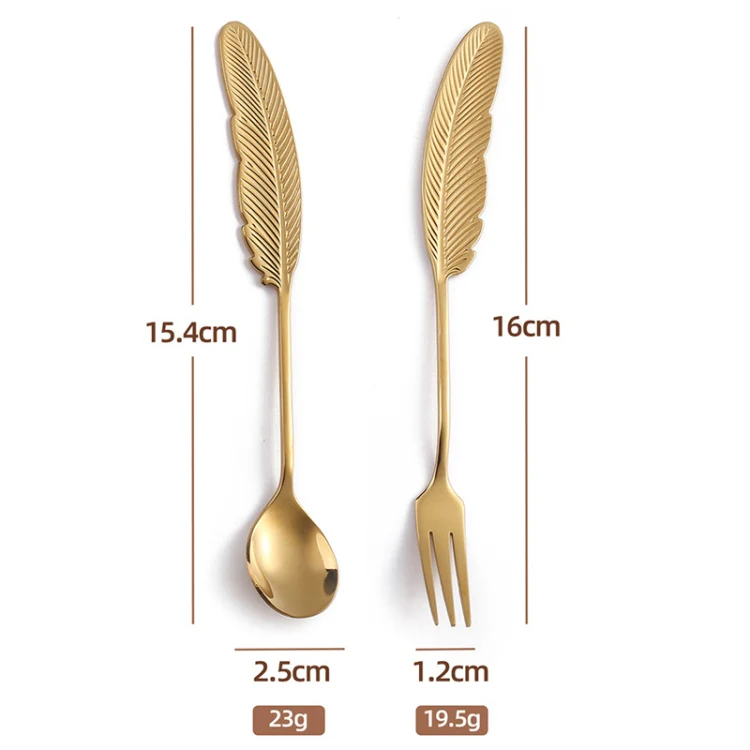 304 Stainless Steel Feather Spoon Fork Literary Tableware,Style: 4 In 1 Titanium-Red Box - Image 2