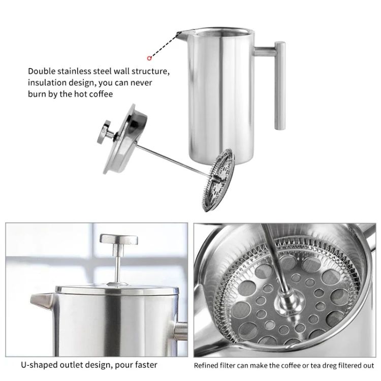 304 Stainless Steel French Pressure Coffee Pot Hand Made Tea Pot, Capacity:1000ml - Image 5