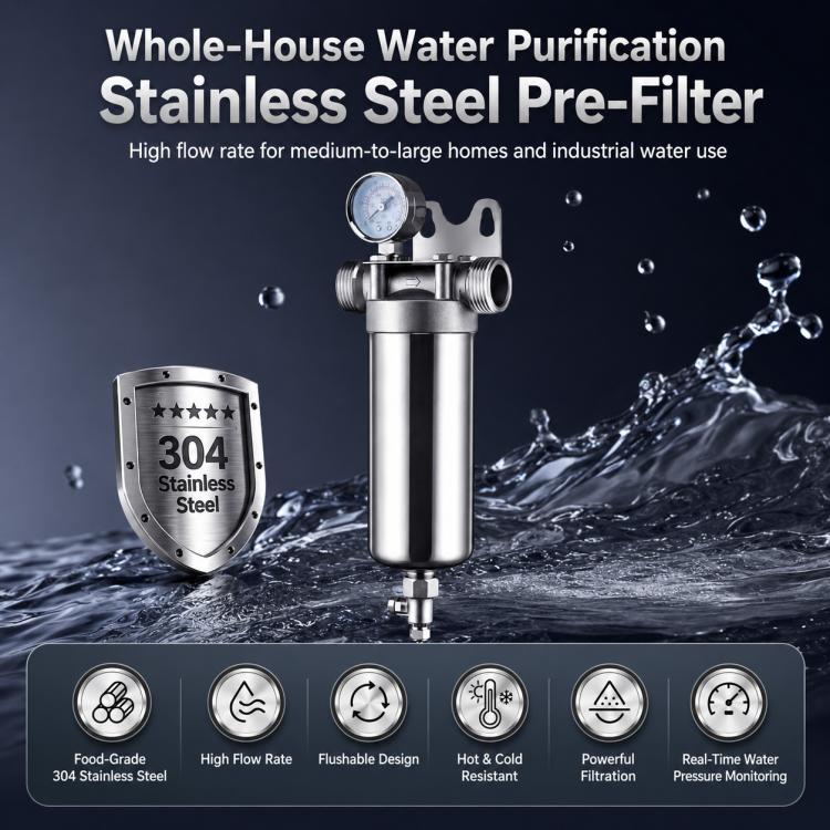 304 Stainless Steel Whole House Pre-Filter Water Purifier, Style:4-ton Threaded 4-point - Image 3